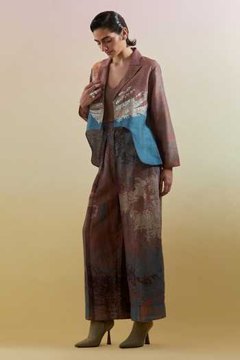 Shop_Clos_Blue Silk, Linen Sweetheart Neck, Collared Gliss Asymmetrical Jacket Pant Set _Online_at_Aza_Fashions