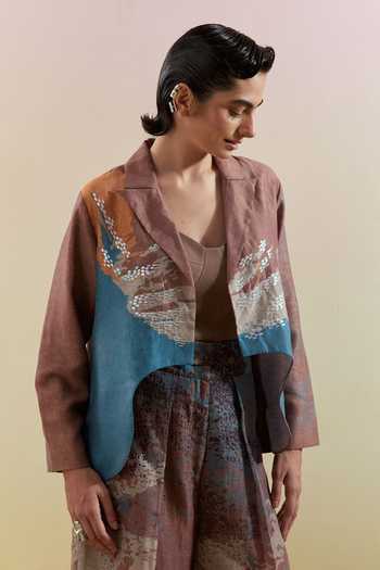 Buy_Clos_Blue Silk, Linen Sweetheart Neck, Collared Gliss Asymmetrical Jacket Pant Set 