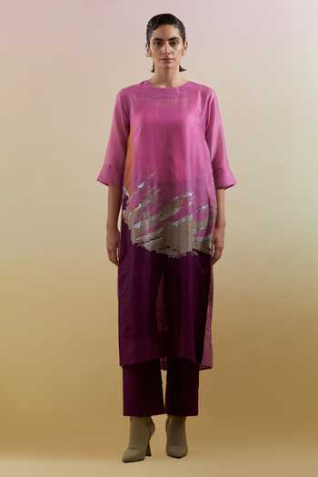 Buy_Clos_Pink Silk, Linen, Cotton Round Neck Gliss Print Kurta And Pant Set _at_Aza_Fashions