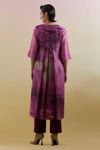 Shop_Clos_Pink Silk, Linen, Cotton Round Neck Gliss Print Kurta And Pant Set _at_Aza_Fashions