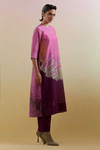 Shop_Clos_Pink Silk, Linen, Cotton Round Neck Gliss Print Kurta And Pant Set _Online_at_Aza_Fashions