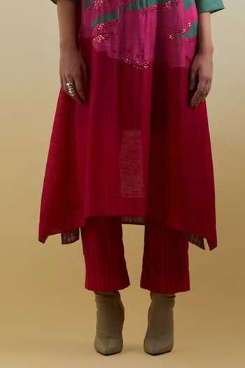 Clos_Pink Silk, Linen, Cotton Collared, Yes Gliss Printed Kurta And Pant Set _Online_at_Aza_Fashions