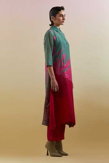 Clos_Pink Silk, Linen, Cotton Collared, Yes Gliss Printed Kurta And Pant Set _at_Aza_Fashions
