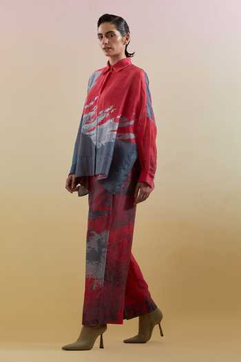 Clos_Multicolor Silk, Linen, Cotton Collared Gliss Print Shirt And Pant Set _Online_at_Aza_Fashions