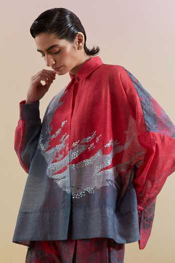 Buy_Clos_Multicolor Silk, Linen, Cotton Collared Gliss Print Shirt And Pant Set _Online_at_Aza_Fashions