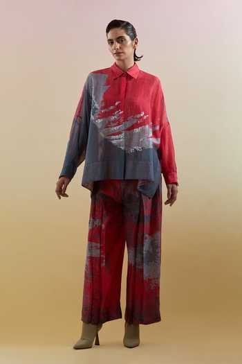 Buy_Clos_Multicolor Silk, Linen, Cotton Collared Gliss Print Shirt And Pant Set _at_Aza_Fashions
