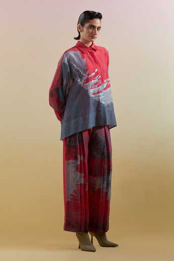 Shop_Clos_Multicolor Silk, Linen, Cotton Collared Gliss Print Shirt And Pant Set _Online_at_Aza_Fashions