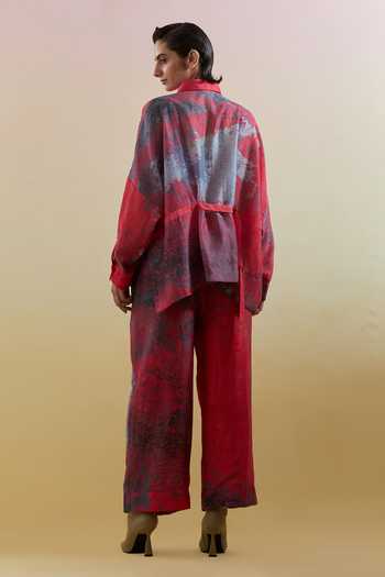 Shop_Clos_Multicolor Silk, Linen, Cotton Collared Gliss Print Shirt And Pant Set _at_Aza_Fashions