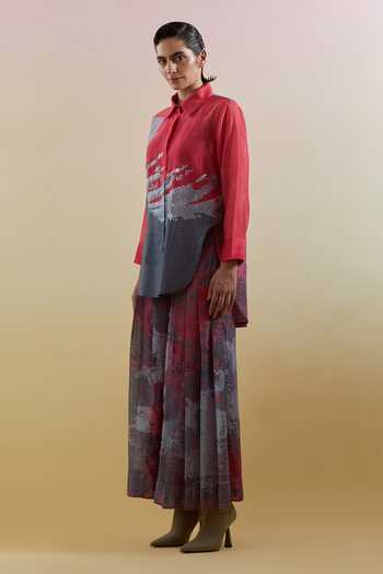 Clos_Multicolor Silk, Cotton, Linen Embroidery Collared Gliss Print Shirt And Palazzo Set _Online_at_Aza_Fashions