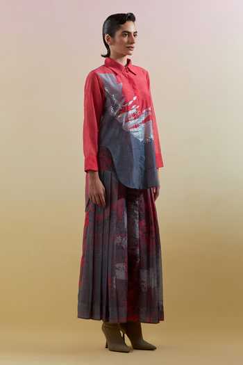 Buy_Clos_Multicolor Silk, Cotton, Linen Embroidery Collared Gliss Print Shirt And Palazzo Set _Online_at_Aza_Fashions