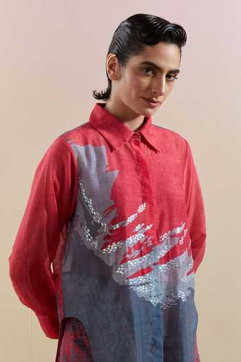 Shop_Clos_Multicolor Silk, Cotton, Linen Embroidery Collared Gliss Print Shirt And Palazzo Set _Online_at_Aza_Fashions