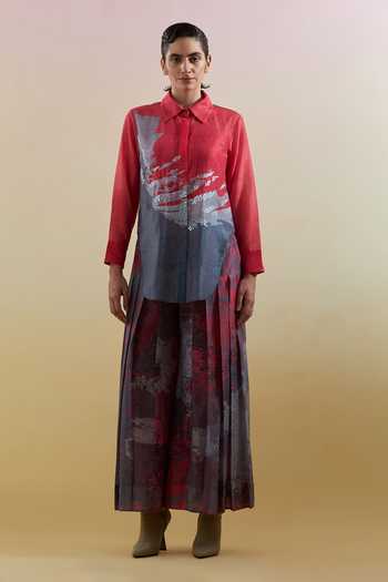 Buy_Clos_Multicolor Silk, Cotton, Linen Embroidery Collared Gliss Print Shirt And Palazzo Set _at_Aza_Fashions