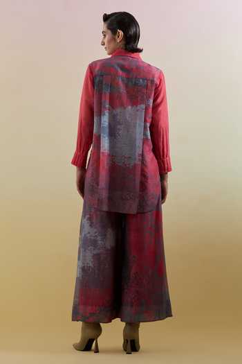 Shop_Clos_Multicolor Silk, Cotton, Linen Embroidery Collared Gliss Print Shirt And Palazzo Set _at_Aza_Fashions