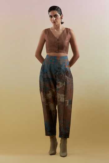 Clos_Blue Silk, Dupion V-neck Gliss Printed Jacket Pant Set _Online_at_Aza_Fashions