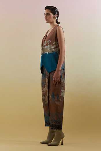 Buy_Clos_Blue Silk, Dupion V-neck Gliss Printed Jacket Pant Set _Online_at_Aza_Fashions