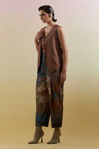 Shop_Clos_Blue Silk, Dupion V-neck Gliss Printed Jacket Pant Set _Online_at_Aza_Fashions