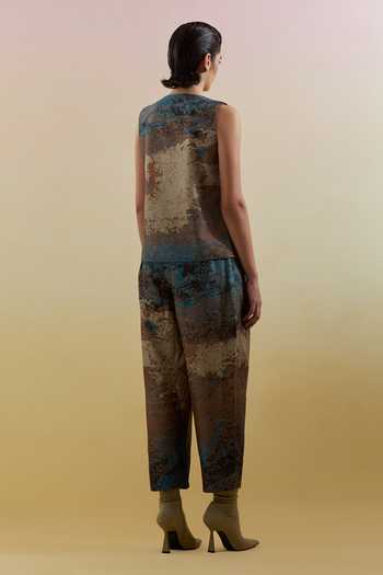 Shop_Clos_Blue Silk, Dupion V-neck Gliss Printed Jacket Pant Set _at_Aza_Fashions