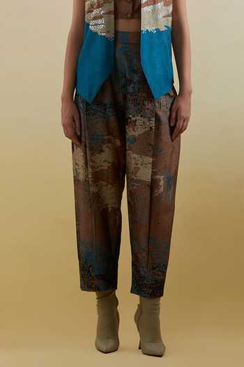 Clos_Blue Silk, Dupion V-neck Gliss Printed Jacket Pant Set _at_Aza_Fashions