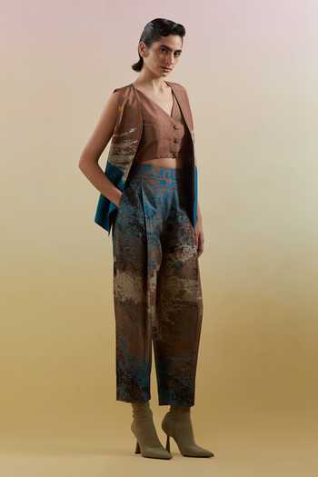 Buy_Clos_Blue Silk, Dupion V-neck Gliss Printed Jacket Pant Set 