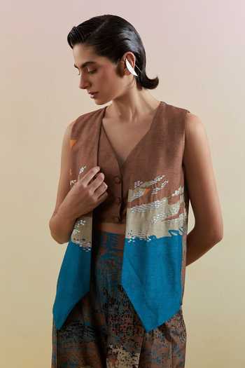 Shop_Clos_Blue Silk, Dupion V-neck Gliss Printed Jacket Pant Set 