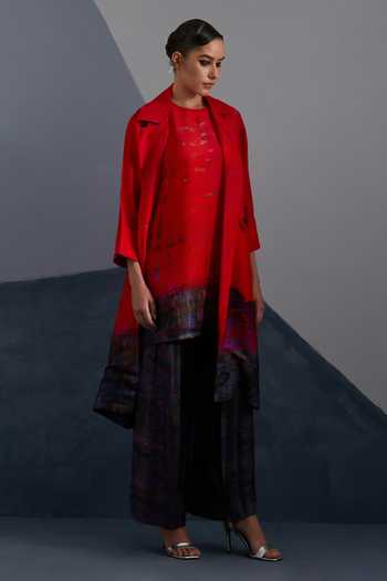 Buy_Clos_Red Silk, Dupion Shawl , Round Vineyard Black And Ruby Jacket Skirt Set _Online_at_Aza_Fashions