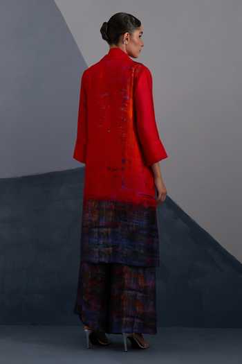 Shop_Clos_Red Silk, Dupion Shawl , Round Vineyard Black And Ruby Jacket Skirt Set _at_Aza_Fashions