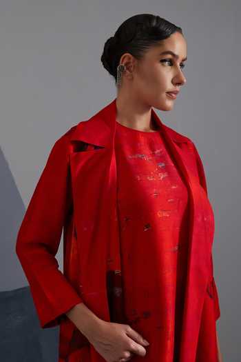 Shop_Clos_Red Silk, Dupion Shawl , Round Vineyard Black And Ruby Jacket Skirt Set _Online_at_Aza_Fashions
