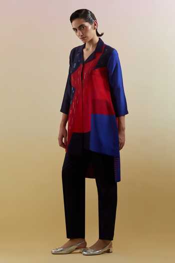 Clos_Blue Silk, Dupion Collared Zenith Print Shirt And Pant Set _Online_at_Aza_Fashions