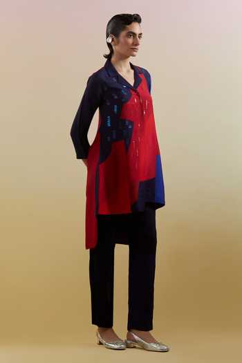 Shop_Clos_Blue Silk, Dupion Collared Zenith Print Shirt And Pant Set _at_Aza_Fashions