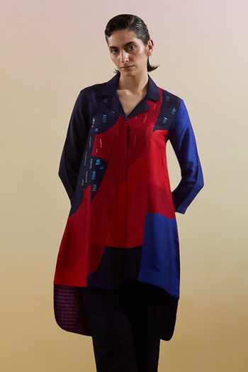 Shop_Clos_Blue Silk, Dupion Collared Zenith Print Shirt And Pant Set _Online_at_Aza_Fashions