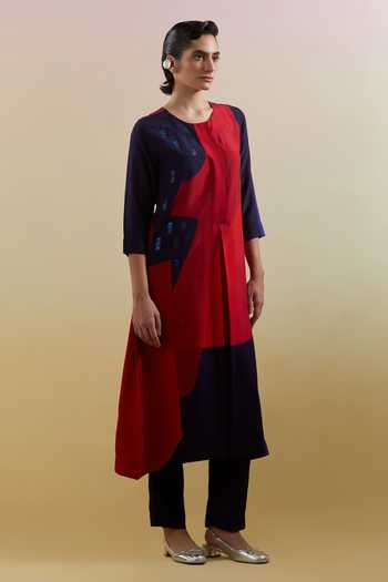 Buy_Clos_Blue Silk, Dupion Round Neck Zenith Printed Kurta And Pant Set _Online_at_Aza_Fashions