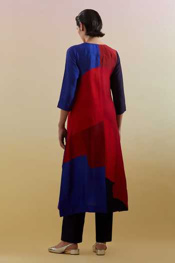 Shop_Clos_Blue Silk, Dupion Round Neck Zenith Printed Kurta And Pant Set _at_Aza_Fashions