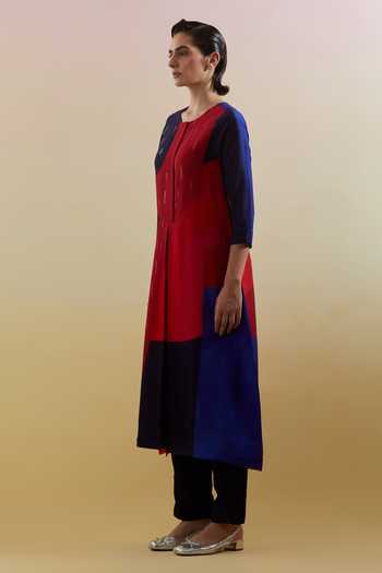 Shop_Clos_Blue Silk, Dupion Round Neck Zenith Printed Kurta And Pant Set _Online_at_Aza_Fashions