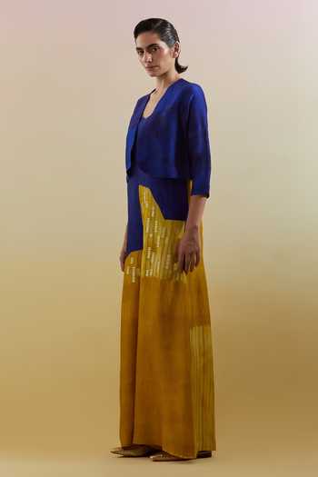 Clos_Blue Silk, Dupion Open Neck Omen Azure And Amber Jumpsuit With Jacket _Online_at_Aza_Fashions