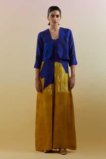 Buy_Clos_Blue Silk, Dupion Open Neck Omen Azure And Amber Jumpsuit With Jacket _at_Aza_Fashions