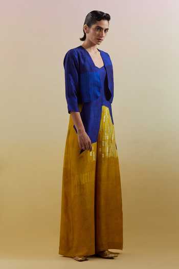 Shop_Clos_Blue Silk, Dupion Open Neck Omen Azure And Amber Jumpsuit With Jacket _at_Aza_Fashions