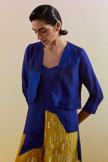 Buy_Clos_Blue Silk, Dupion Open Neck Omen Azure And Amber Jumpsuit With Jacket _Online_at_Aza_Fashions