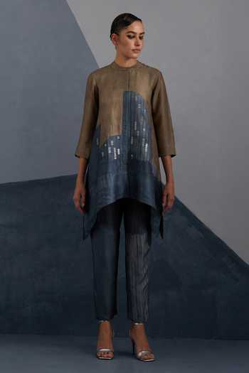 Buy_Clos_Multicolor Dupion Band Collar Omen Printed Shirt And Pant Set _at_Aza_Fashions