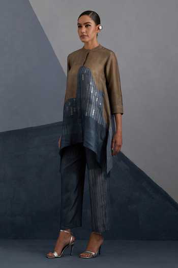 Buy_Clos_Multicolor Dupion Band Collar Omen Printed Shirt And Pant Set _Online_at_Aza_Fashions