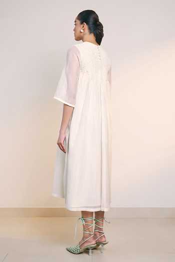 Shop_Ilk_Off White Silk, Chanderi Round Neck Garden Dress _at_Aza_Fashions