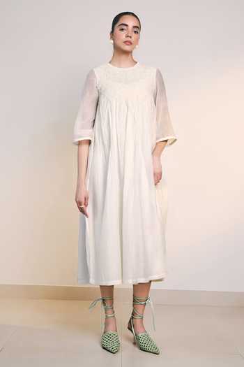 Ilk_Off White Silk, Chanderi Round Neck Garden Dress _Online_at_Aza_Fashions