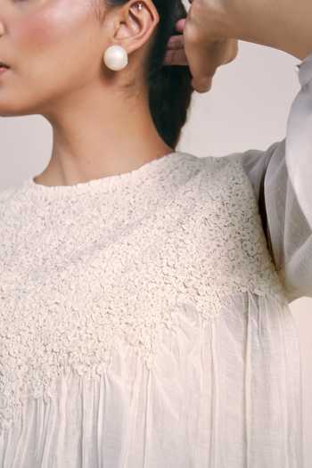 Buy_Ilk_Off White Silk, Chanderi Round Neck Garden Dress _Online_at_Aza_Fashions