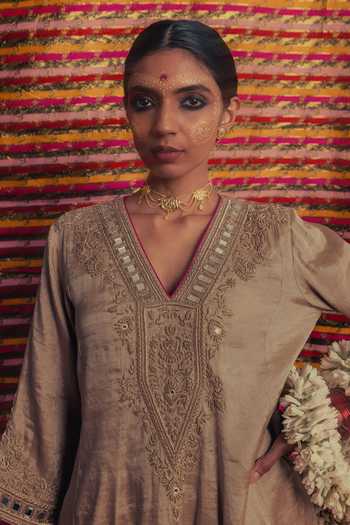 Buy_Label Earthen_Brown Organza, Tissue V-neck, Yes Chandi Zardozi Kali Kurta Set _Online_at_Aza_Fashions