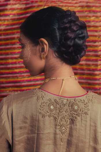 Label Earthen_Brown Organza, Tissue V-neck, Yes Chandi Zardozi Kali Kurta Set _Online_at_Aza_Fashions