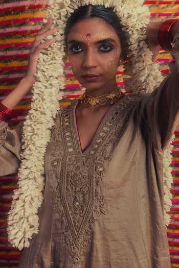 Label Earthen_Brown Organza, Tissue V-neck, Yes Chandi Zardozi Kali Kurta Set _at_Aza_Fashions