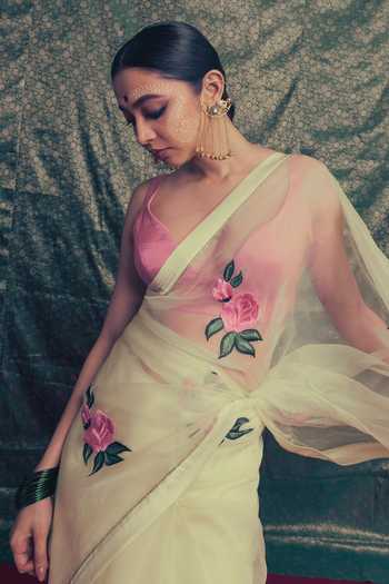 Buy_Label Earthen_Yellow Organza V-neck Roop Gulab Saree And Blouse Set _Online_at_Aza_Fashions