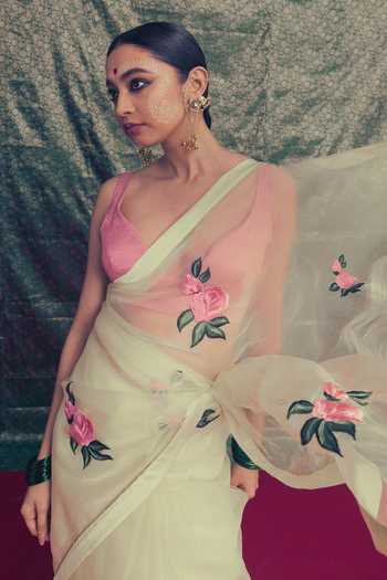 Shop_Label Earthen_Yellow Organza V-neck Roop Gulab Saree And Blouse Set _Online_at_Aza_Fashions
