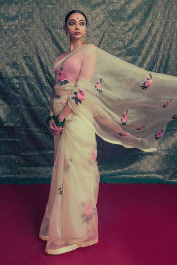 Label Earthen_Yellow Organza V-neck Roop Gulab Saree And Blouse Set _Online_at_Aza_Fashions