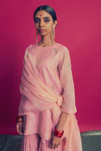 Label Earthen_Pink Tissue Round Neck, Yes Gulabi Saanjh Kurta Gharara Set _Online_at_Aza_Fashions
