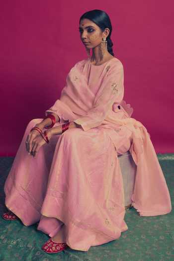 Shop_Label Earthen_Pink Tissue Round Neck, Yes Gulabi Saanjh Kurta Gharara Set _Online_at_Aza_Fashions